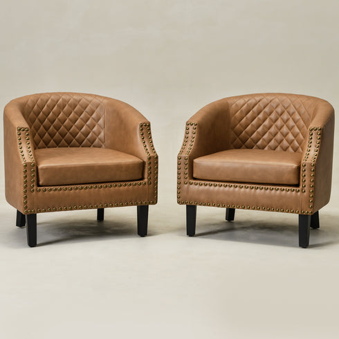 Louis Faux Leather Tufted Club Chair - Camel Accent Chair | Decorative Accent Chairs | Kinwell Furniture | Modern Club Chairs | Barrel Club Chair | Nailhead Trim Chair | Contemporary Faux Leather Chair | Elegant Camel Chair